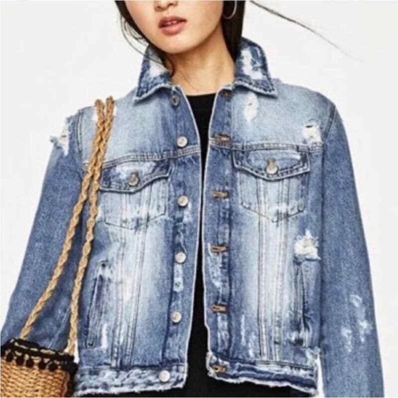 Zara Jackets & Blazers - Zara Trafaluc Denimwear Size L Distressed Jean Jacket Blogger Favorite Classic